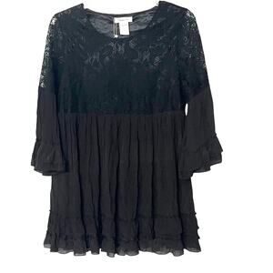 PAISLEY VINE LONG BELL SLV RND NECK MIDI WAIST DRESS, WOMEN-L-BLACK-LACE RUFFLES
